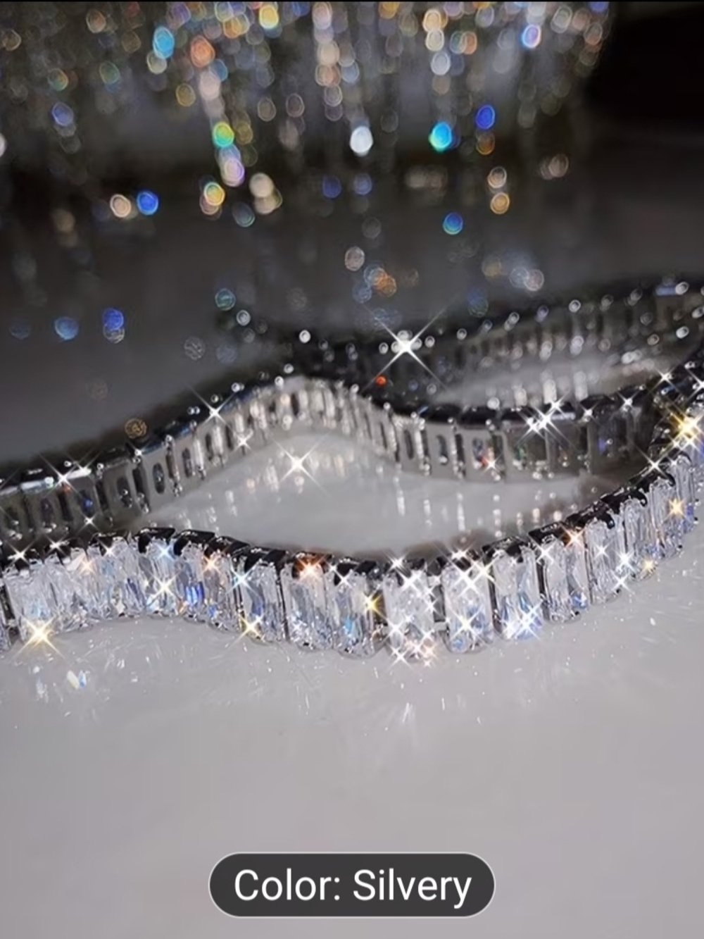 Silver Crystal Baguette Tennis Necklace - Women's Sparkling Jewelry - Picture 4 of 11